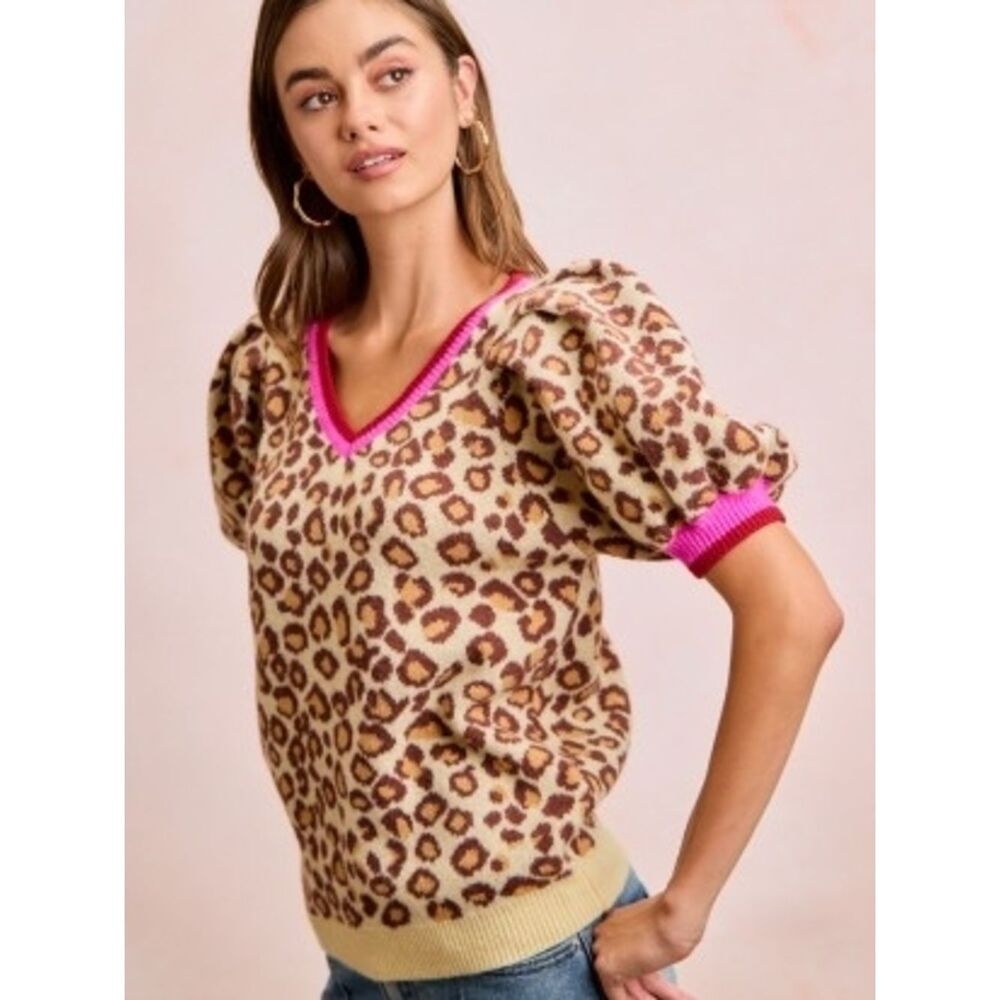 BiBi Leopard Pattern Puff Sleeve V-neck Sweater Top sz XL - Picture 4 of 7